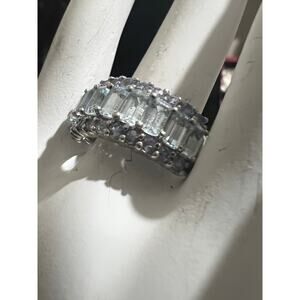 Aquamarine Tanzanite Ring Sterling Silver Baguette Halo Wide Band  Size 8